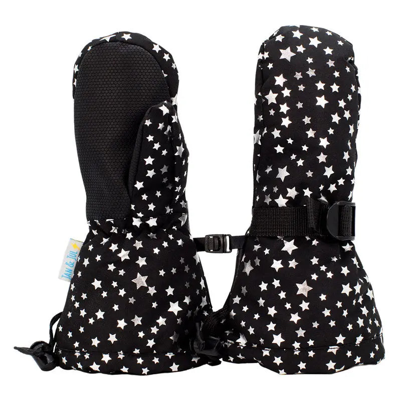 Jan & Jul Waterproof Toasty Dry mittens, black star-pattern, pair with adjustable strap securing warmth.