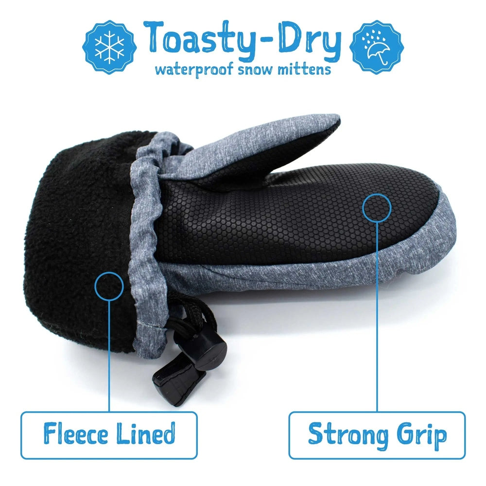 Jan & Jul Waterproof Toasty Dry Mitten Dinoland with fleece lining and textured grip, shown with a drawcord toggle.