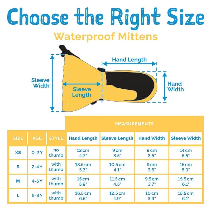Jan & Jul Waterproof Toasty Dry Mitten Mint Star with size chart and hand measurements.