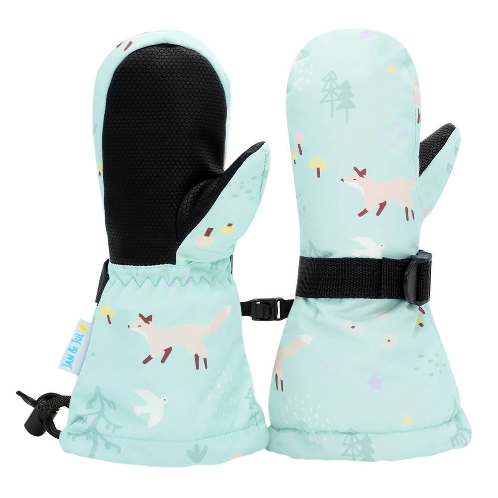 JAN & JUL Waterproof Toasty Dry Mitten Minty Forest pair in mint with fox prints; adjustable strap and black palm grip.