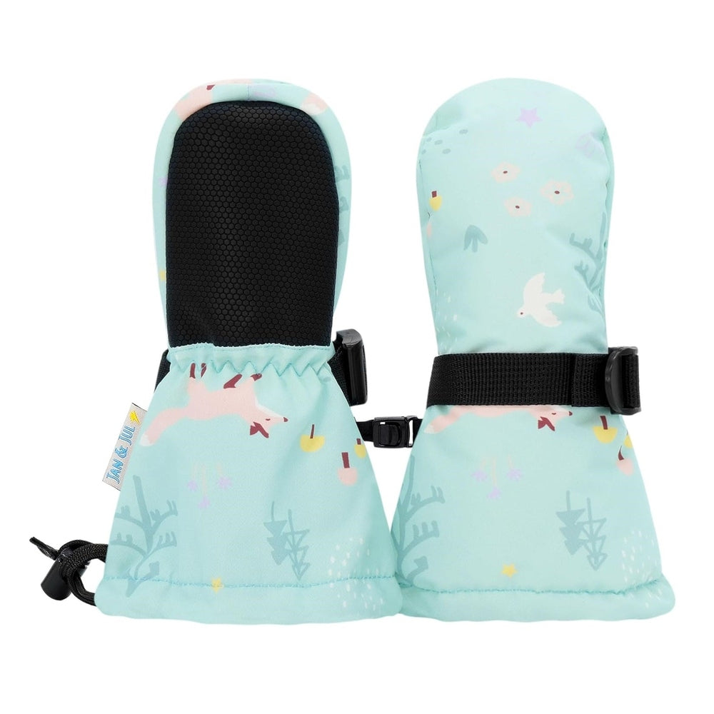 JAN & JUL Waterproof Toasty Dry Mitten Minty Forest, mint pattern with grippy black palm and adjustable wrist straps.