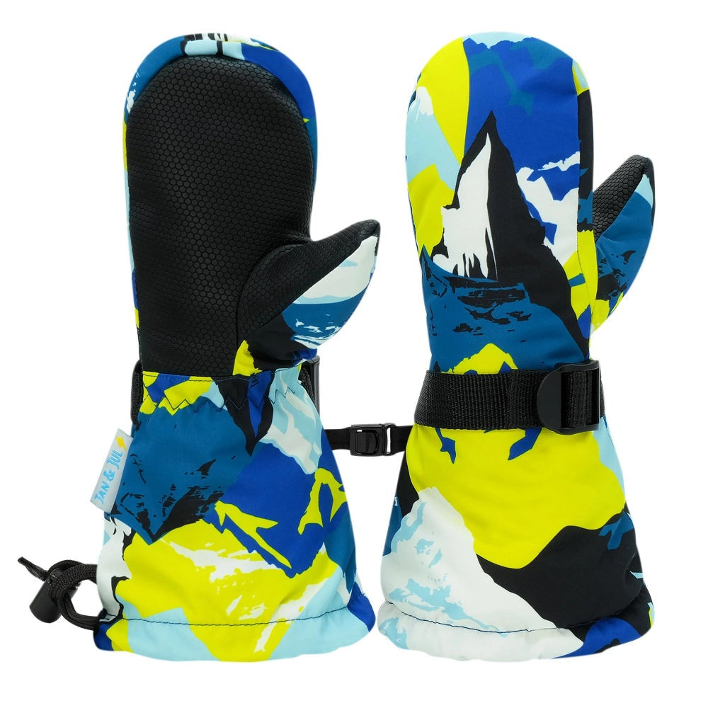Jan & Jul Waterproof Toasty Dry Mitten Neon Peaks pair with black textured palms and adjustable strap.