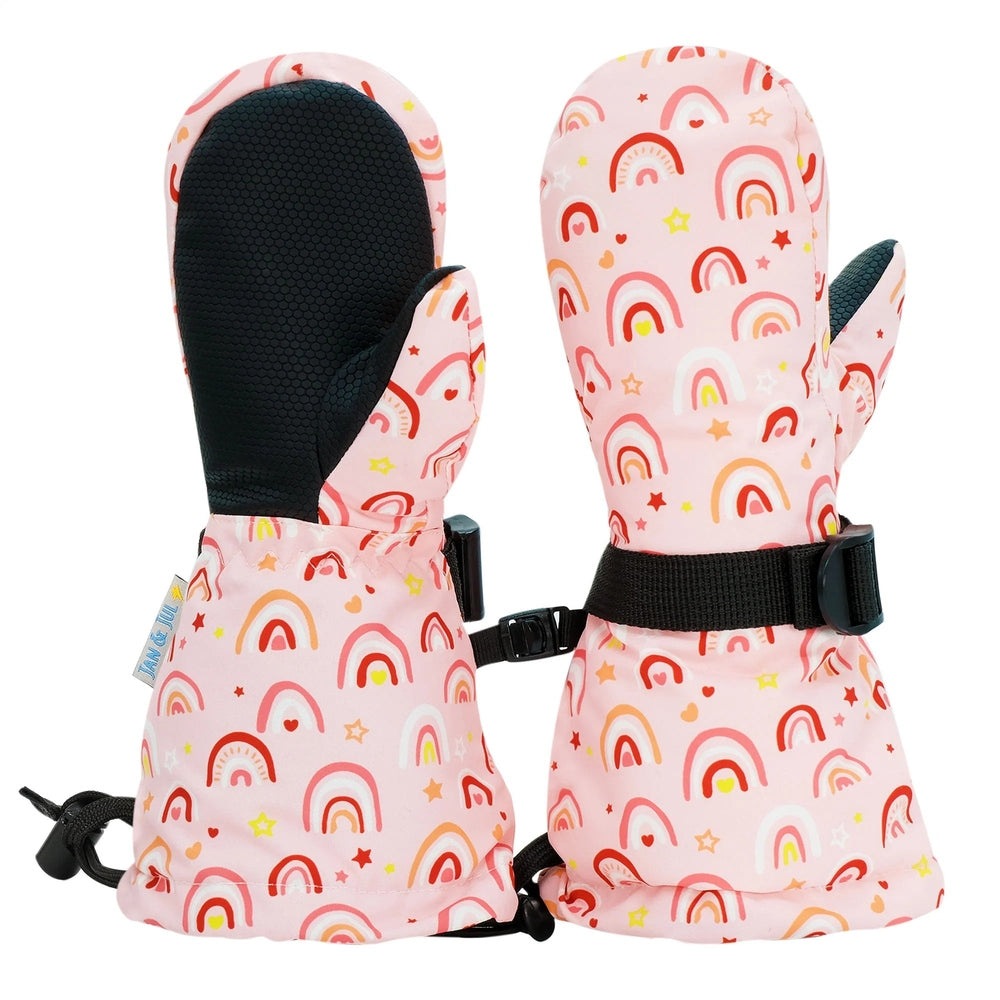JAN & JUL Waterproof Toasty Dry Mitten Pink Rainbow pair; adjustable strap buckles securely around toddler wrists.