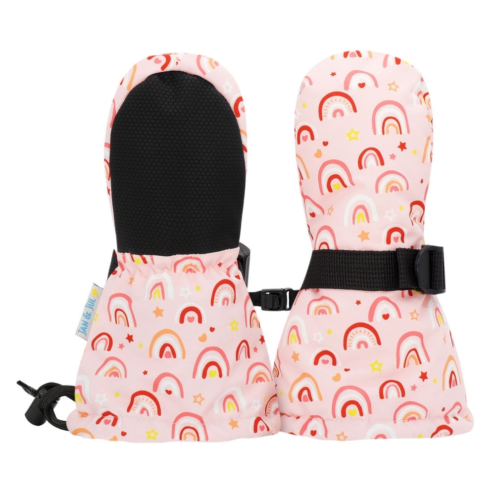JAN & JUL Toasty Dry Mitten in pink rainbow, waterproof with adjustable strap securing a snug fit.
