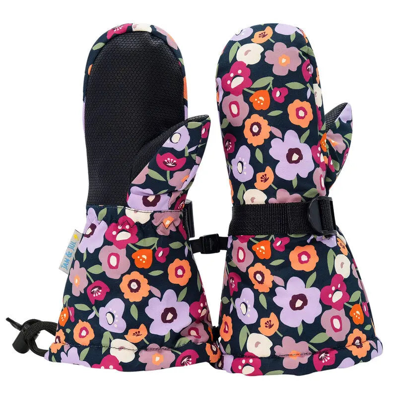 JAN & JUL Waterproof Toasty Dry Mitten Winter Flowers pair of navy floral mittens with adjustable wrist strap.