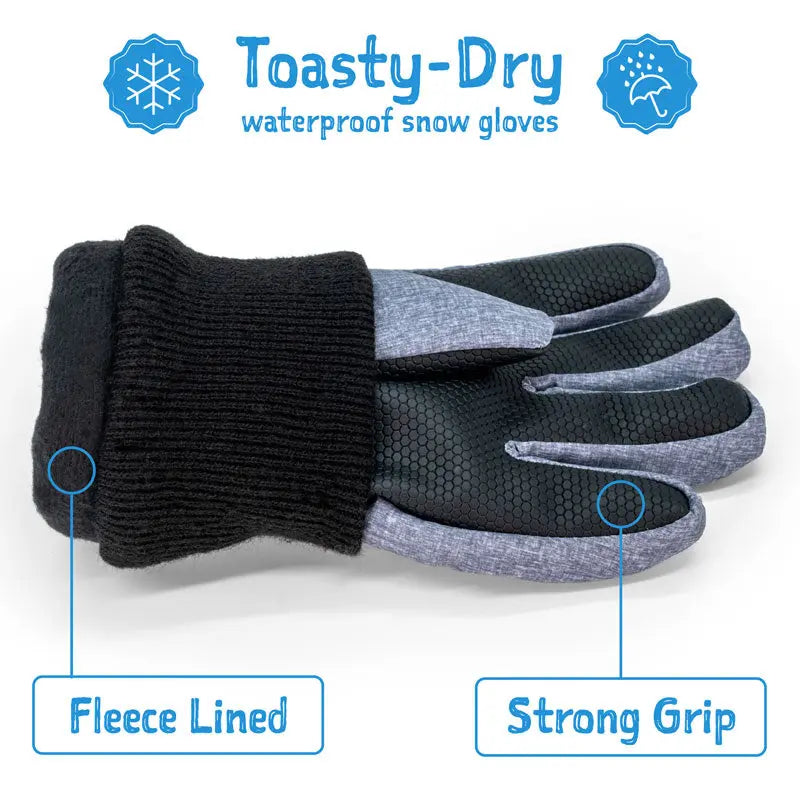 Jan & Jul Waterproof Toasty-Dry Snow Gloves Black, shown flat to reveal fleece lining and hex grip palms.