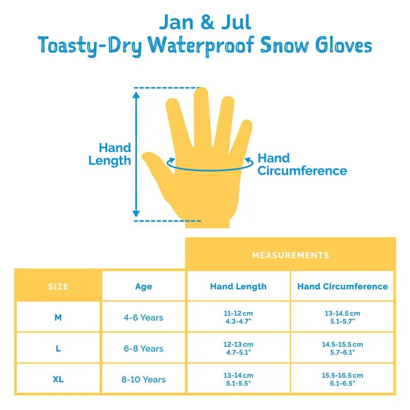 Jan & Jul Waterproof Toasty-Dry Snow Gloves Black; shows a hand with length and circumference measurements in a size chart.