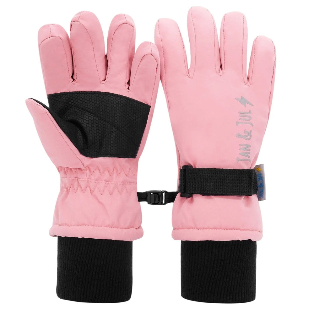 Jan & Jul Waterproof Toasty Dry Snow Gloves Dusty Pink for kids, pink with black grip panel and adjustable strap.