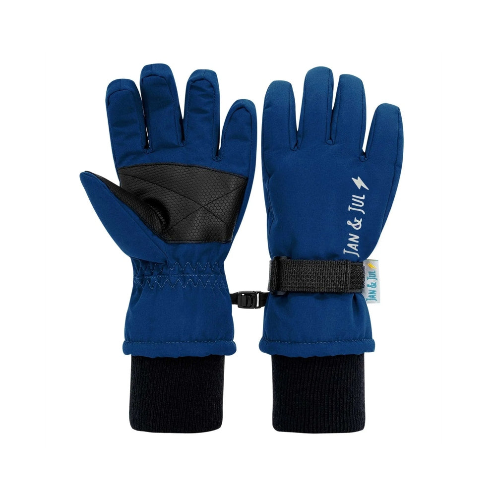 Jan & Jul Waterproof Toasty Dry Snow Gloves Nebula Blue; blue baby mittens show black textured palm grip and buckle strap