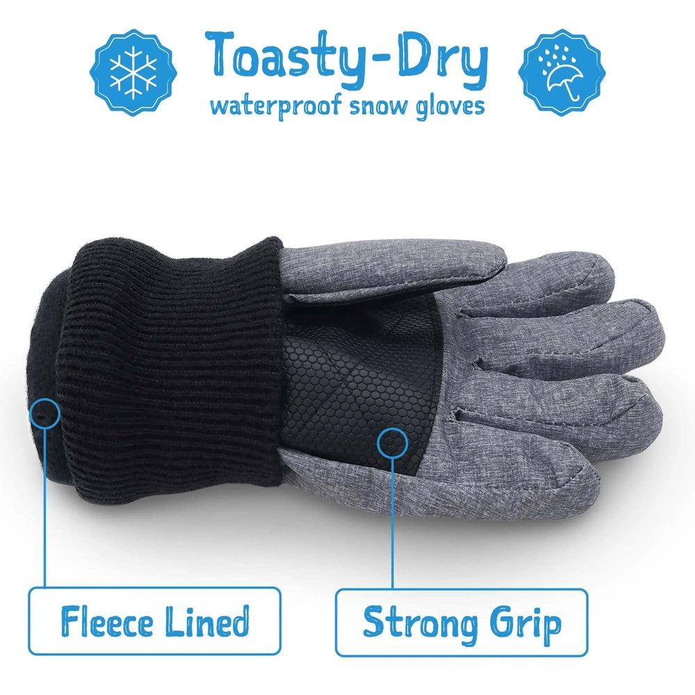 JAN & JUL Waterproof Toasty-Dry Snow Gloves Wildberry: fleece-lined cuff and strong grip palm shown on a gray glove.