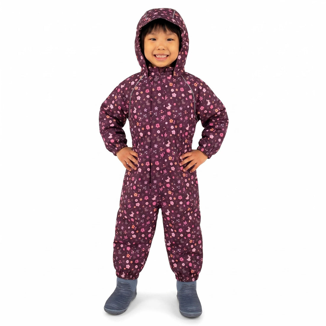 Jan & Jul Cozy-Dry Fleece Lined Rain Suit Bunny Blooms — child wearing the rain suit, front view