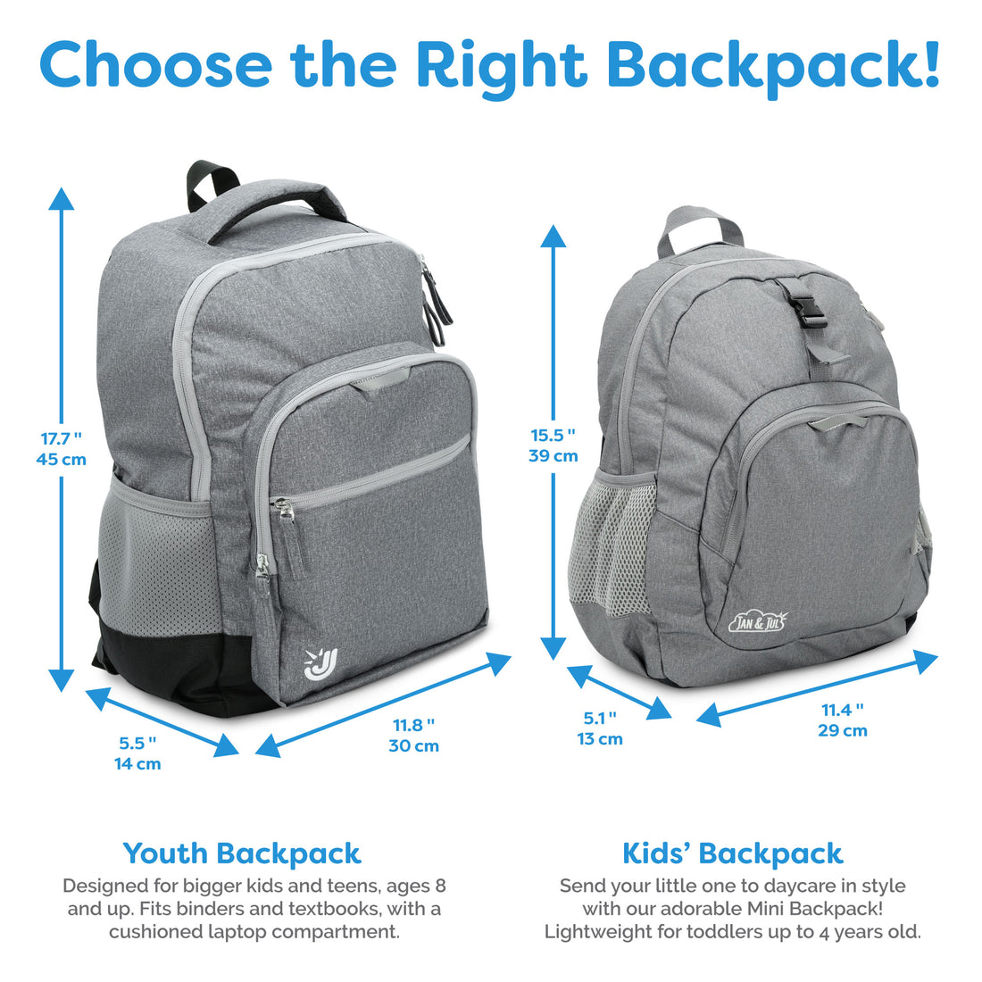 Jan & Jul youth and kids backpack size comparison guide