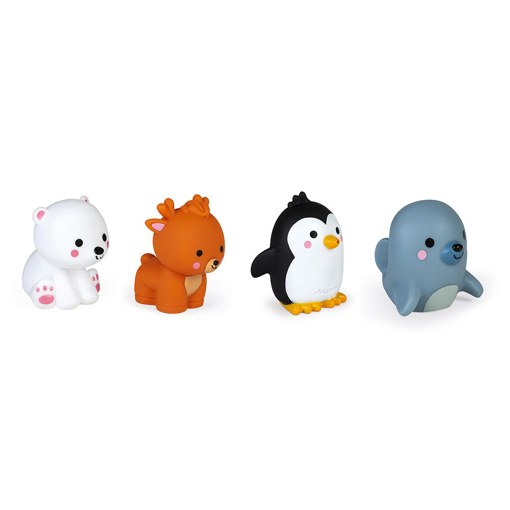 Janod 4 Polar Animals Squirters bath toys: polar bear, orange reindeer, penguin, blue seal.