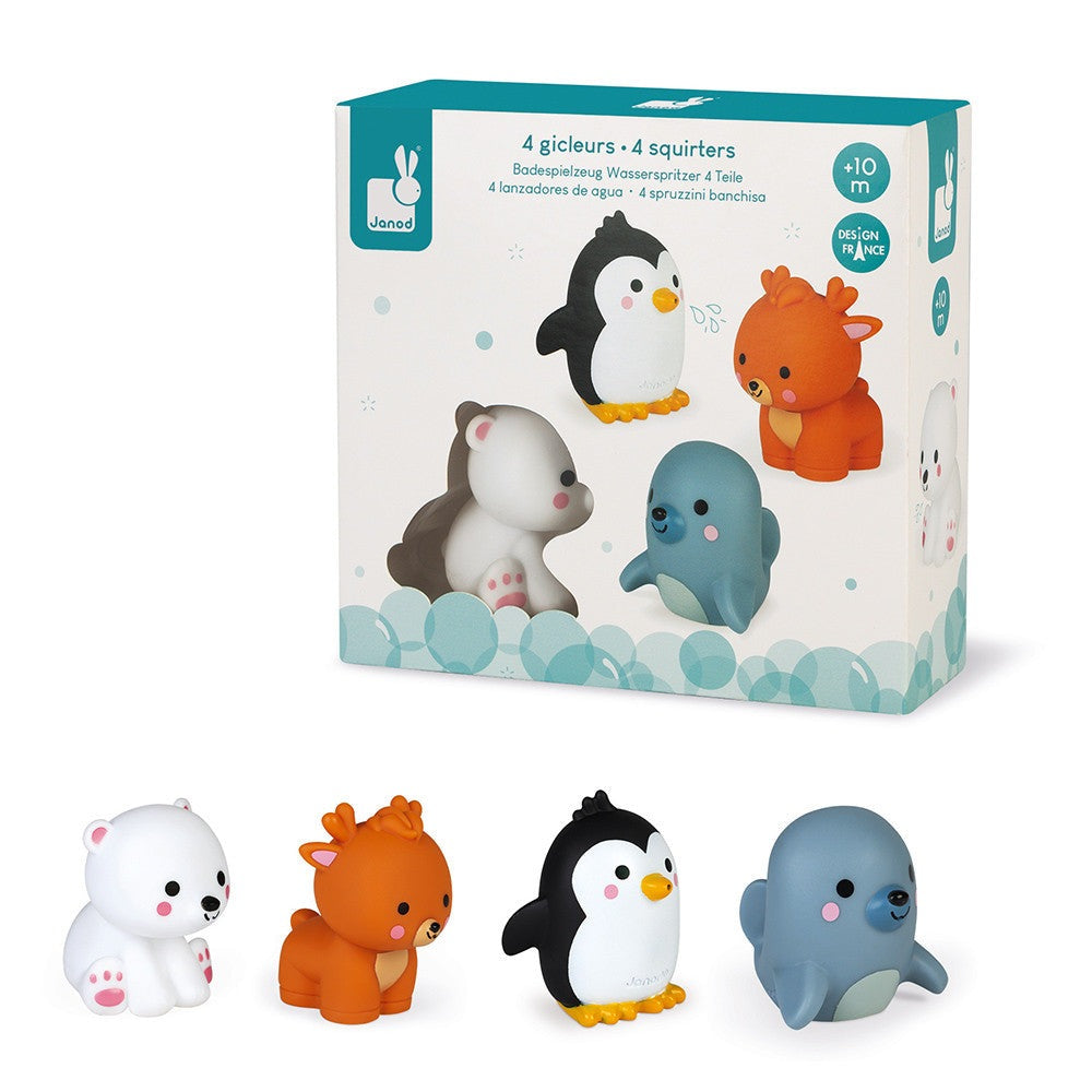 Janod polar animals squirters bath toy set (4-pack) featuring white polar bear, orange fox, penguin, and blue seal