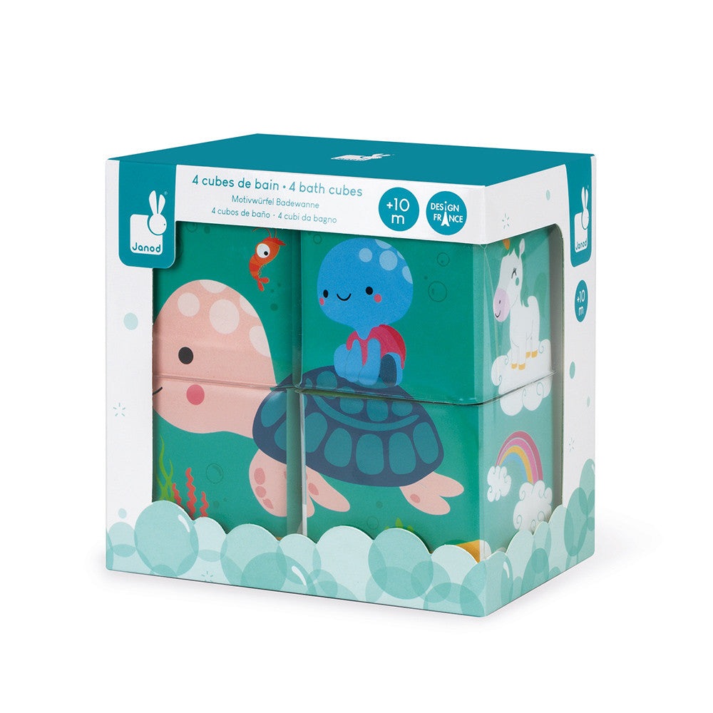 Janod Bath 4 Cubes set of 4 colorful bath toys featuring a blue turtle and sea creatures.