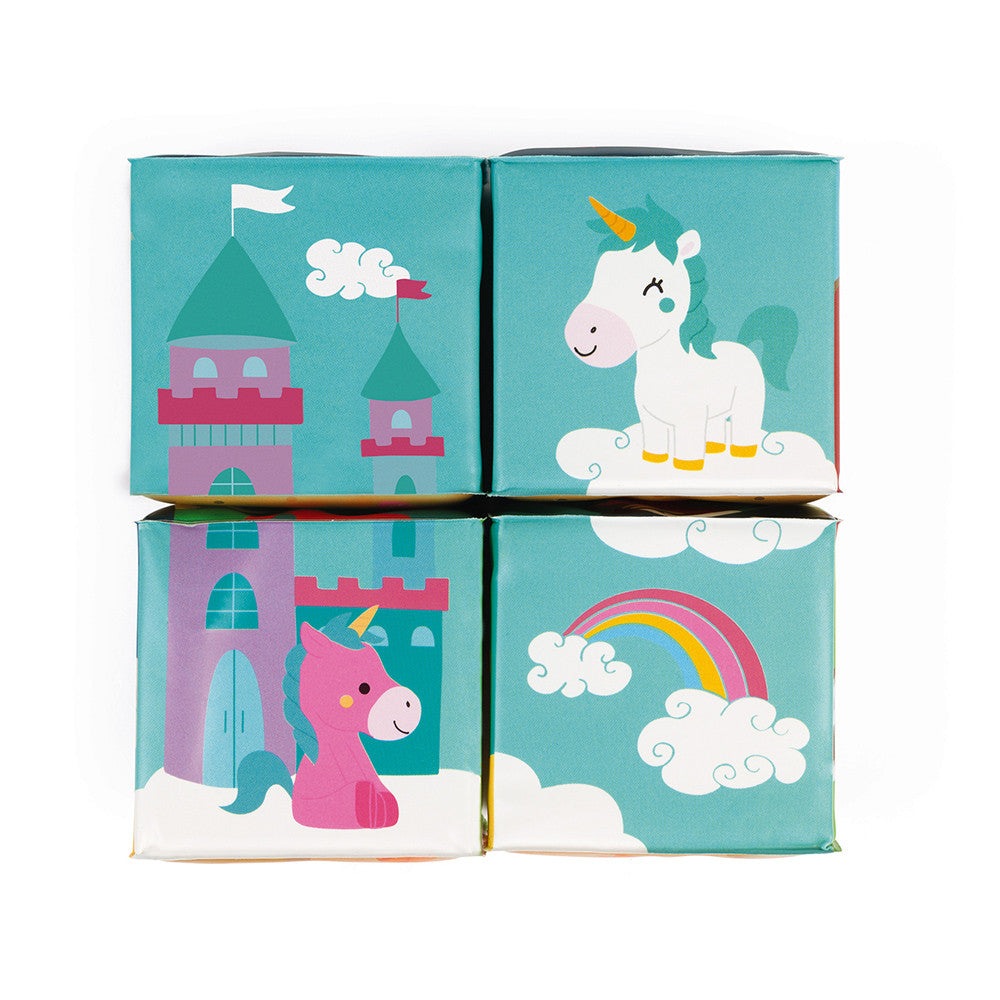 JANOD Bath 4 Cubes set featuring unicorn, castle, rainbow and clouds for bath time play