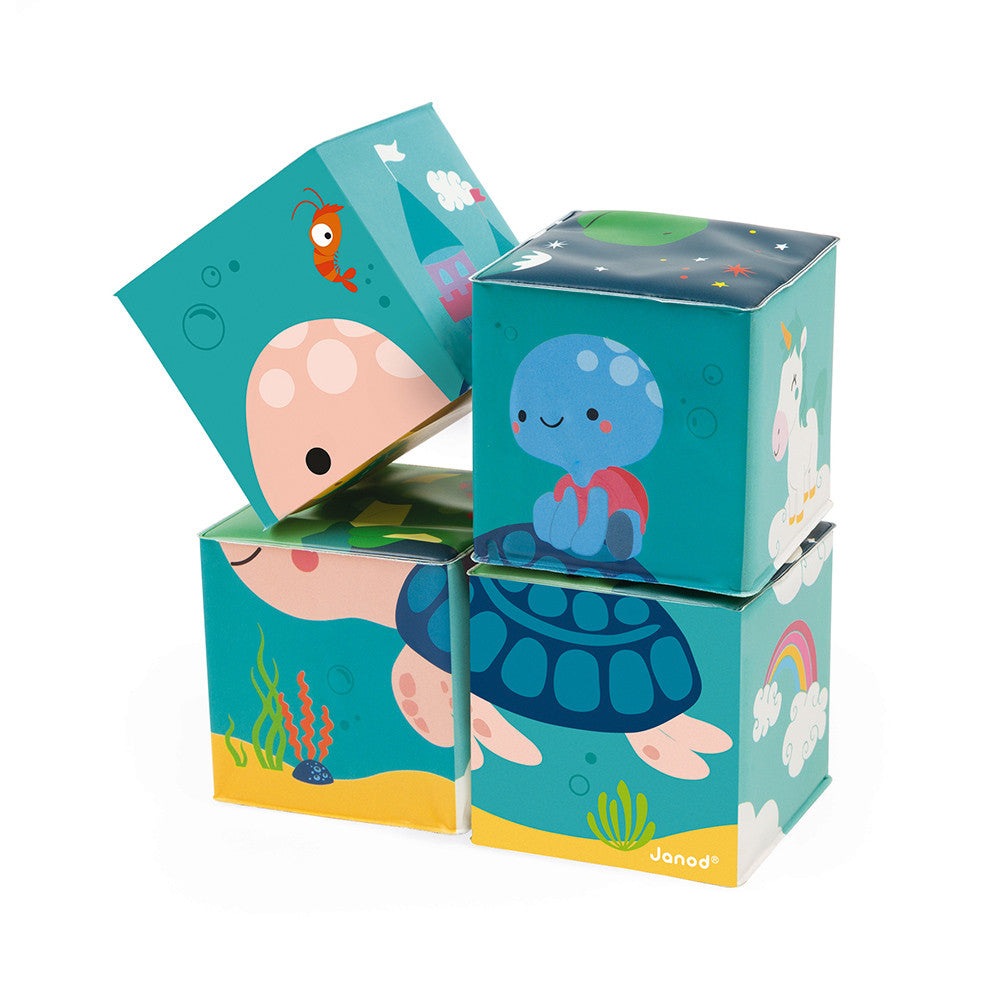 Janod Bath 4 Cubes: set of four teal bath toys with sea creatures and colorful undersea scenes