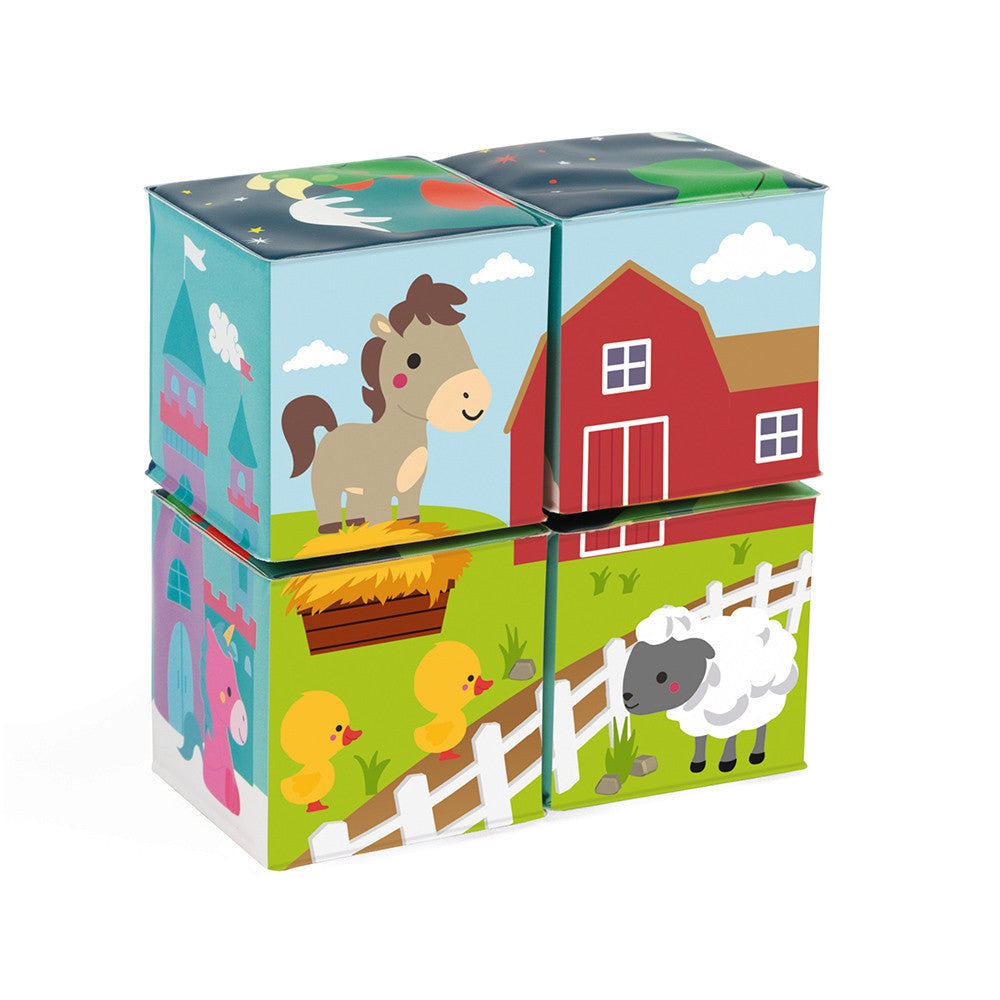 Janod Bath 4 Cubes set of four colorful farm-themed bath cubes with animals and barn