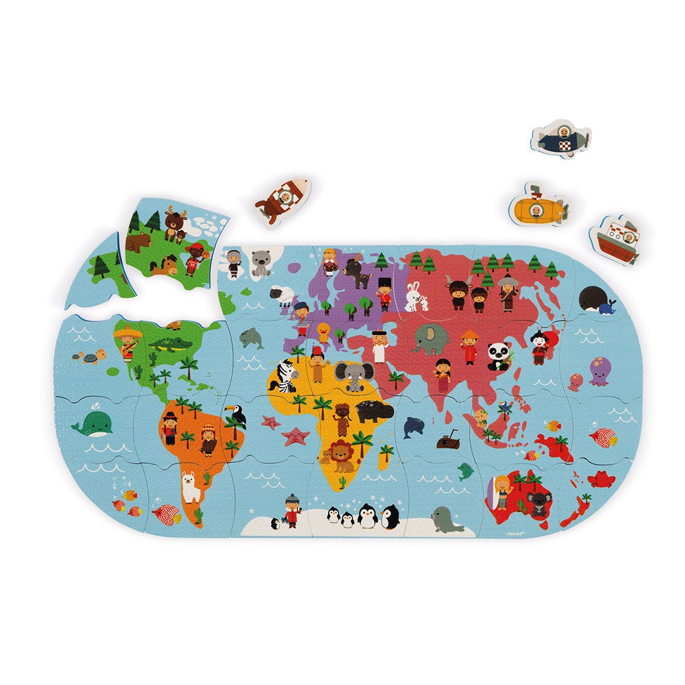 Janod Bath Explorers Map puzzle bath toy with 5 floating pieces forming a colorful animal world map