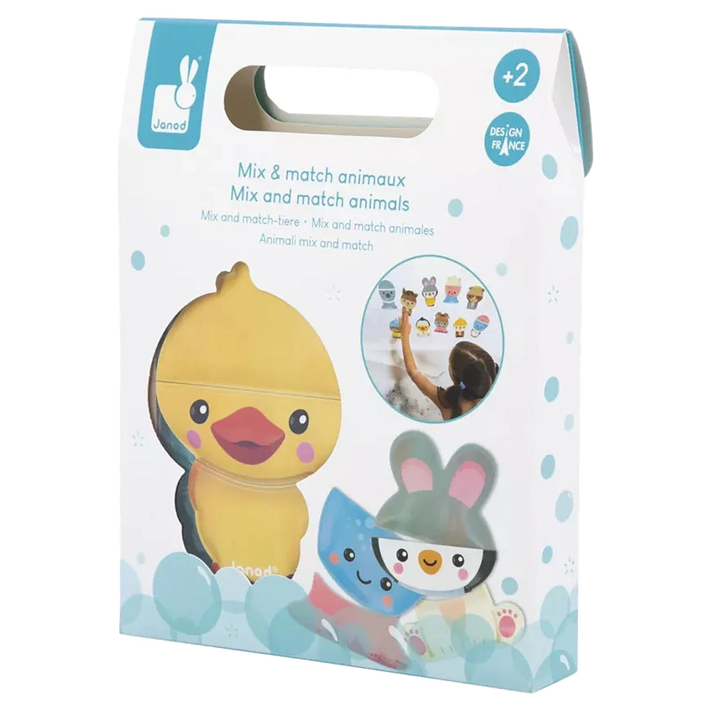 JANOD Bath Mix & Match: Animals set with yellow duck and bunny bath toys on a blue-patterned box.