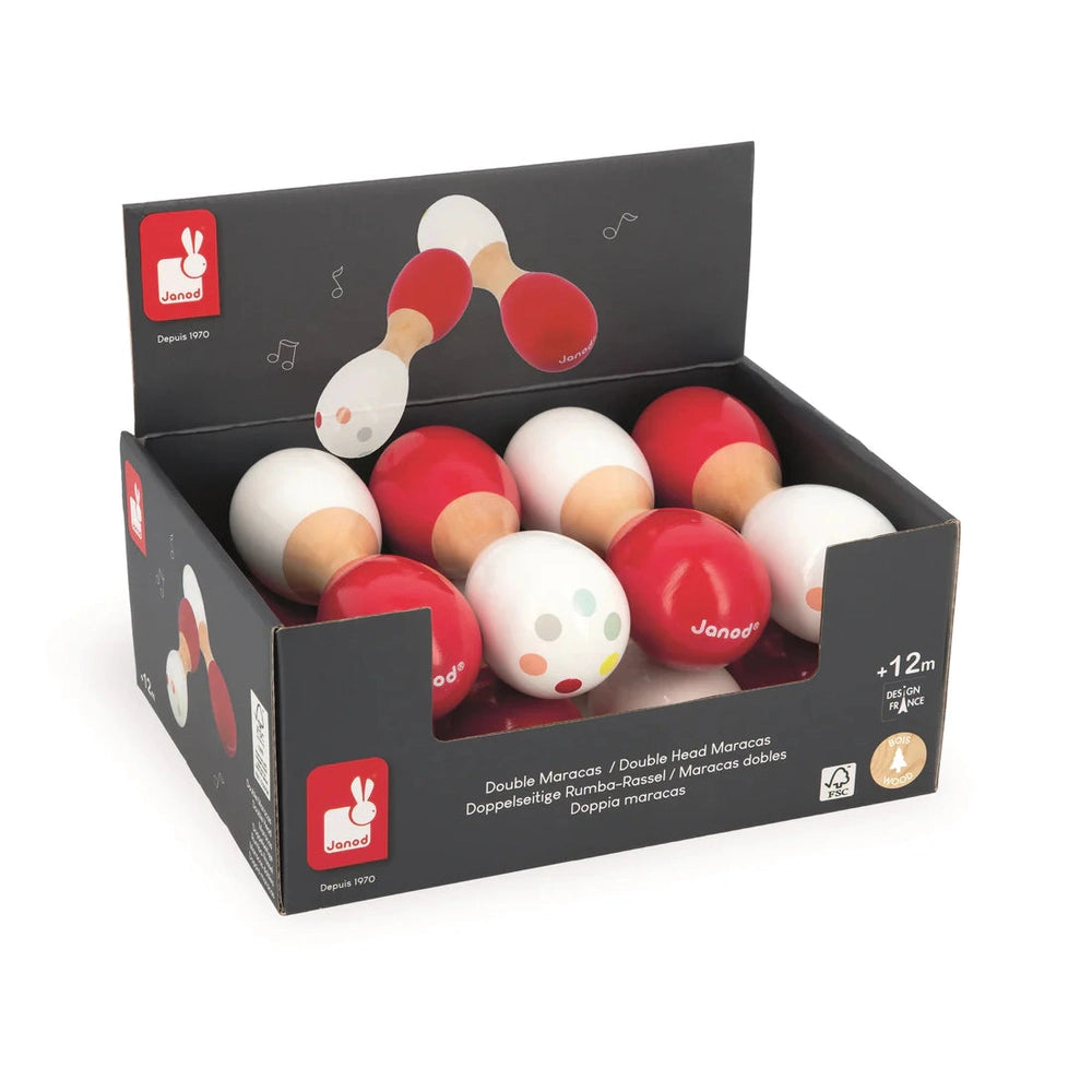 JANOD Janod Confetti Dumbbell Maracas dual sphere design with natural wood handles and polka dots img 1/3