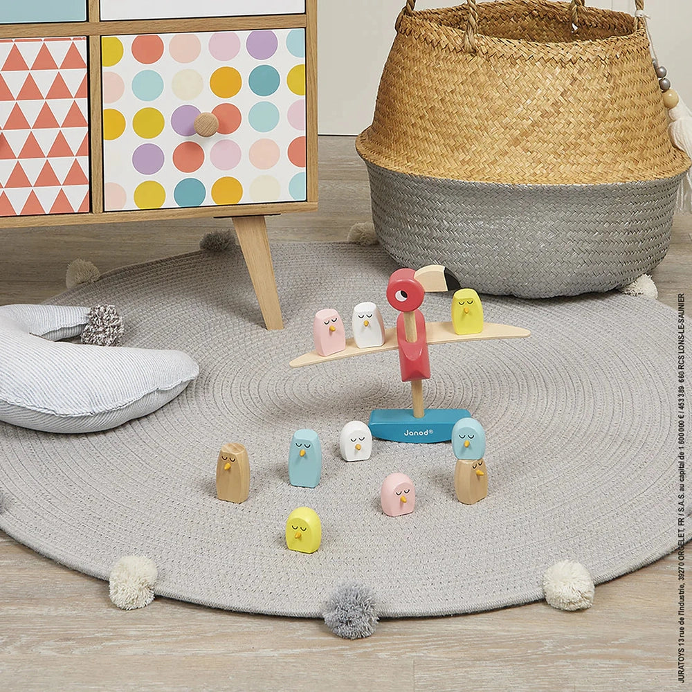 JANOD Janod Flamingo Balancing Game wooden pegs with sleeping faces stack on crossbar platform img 3/9