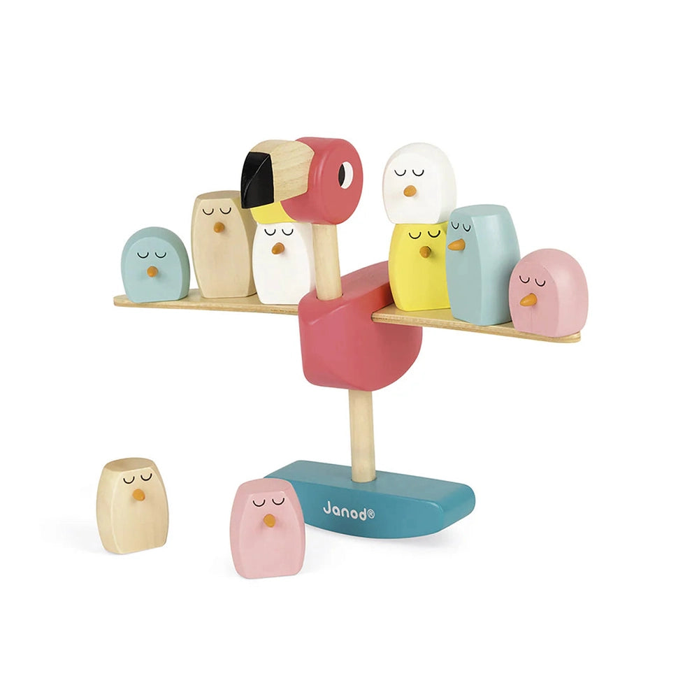 JANOD Janod Flamingo Balancing Game wooden birds with closed eyes stacking on flamingo perch pole img 5/9