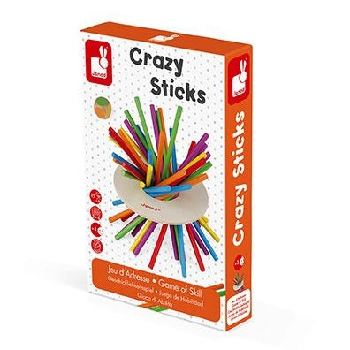 JANOD Crazy Sticks game box with colorful sticks fanning from a white holder, educational toy.
