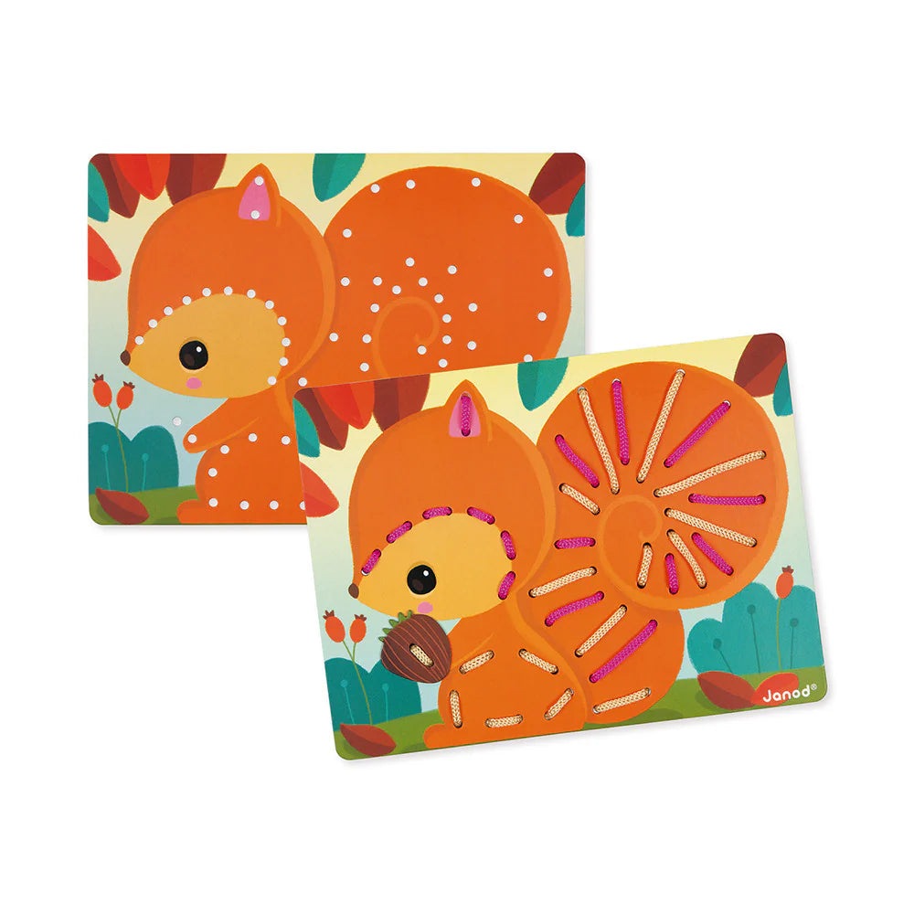 Janod Lacing Game Animals: two orange woodland animals with colorful stitched laces on a sunny background
