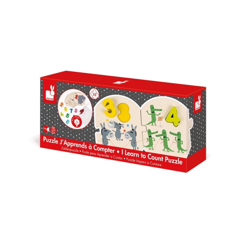 Janod Learn to Count puzzle for toddlers with number 3 and 4 pieces and cute animal scenes, JANOD