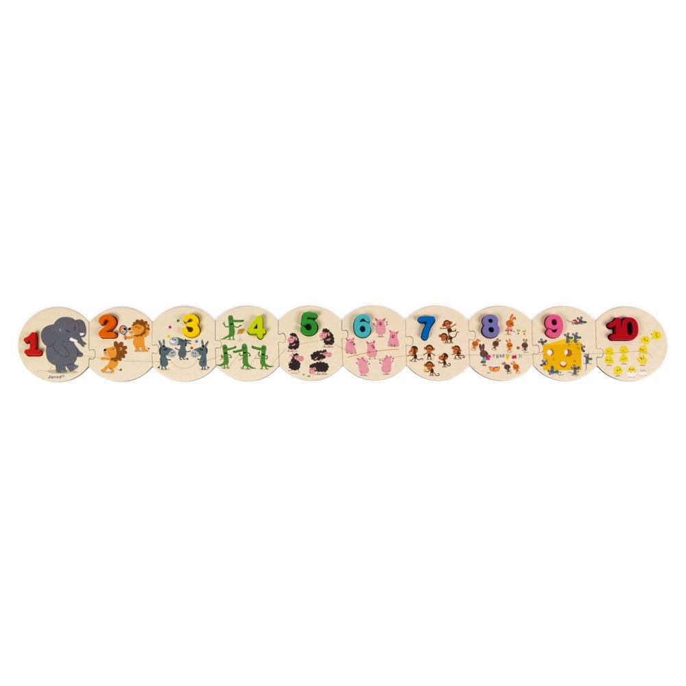 Janod Learn to Count wooden number tiles 1-10 with colorful animal pictures for early math learning