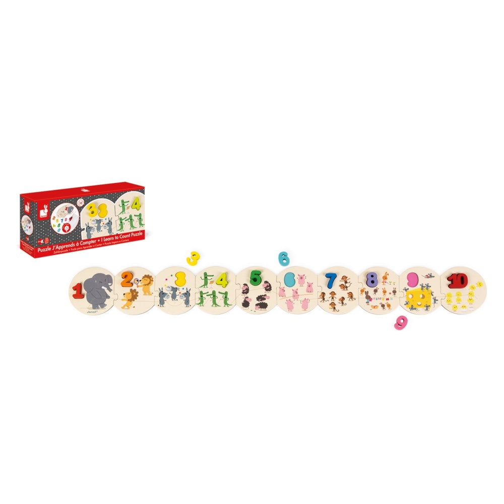 JANOD Learn to Count wooden counting puzzle with 10 numbered discs featuring animal illustrations