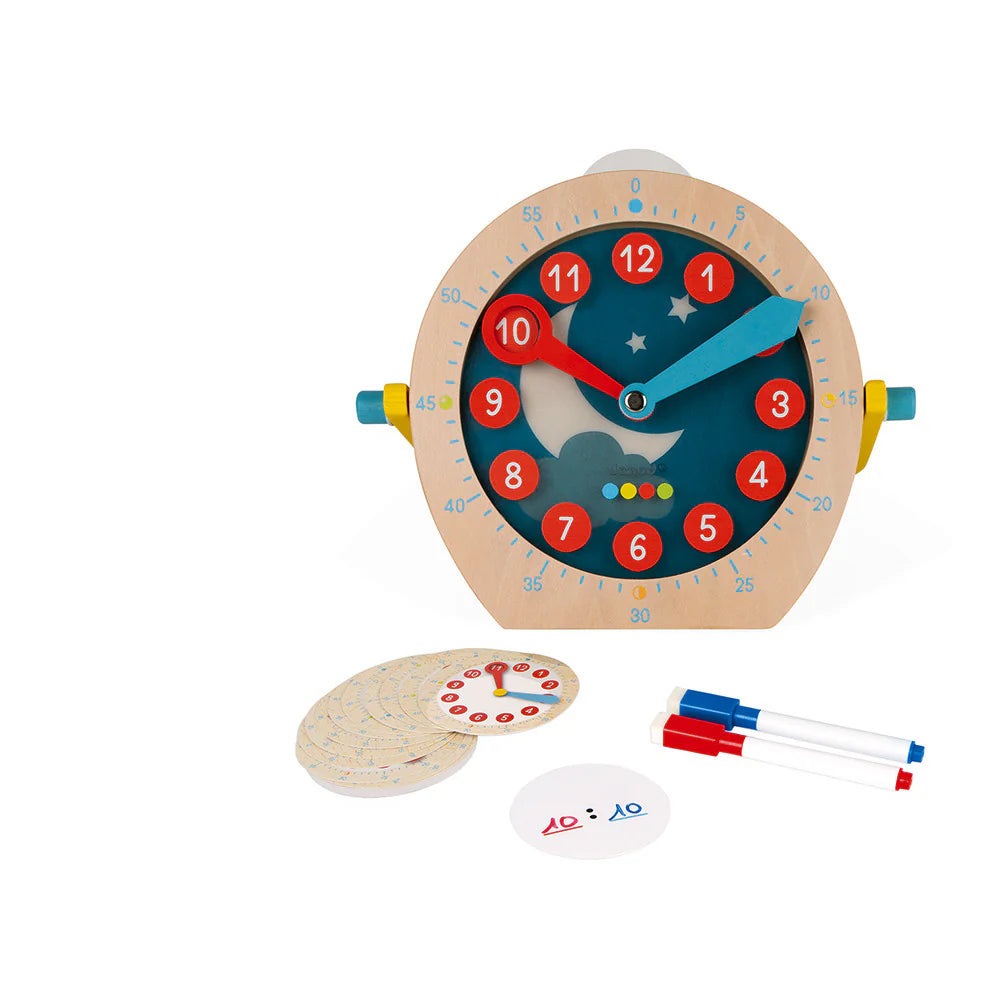 JANOD Learn to Tell Time wooden teaching clock with red pegs, blue hands and activity cards