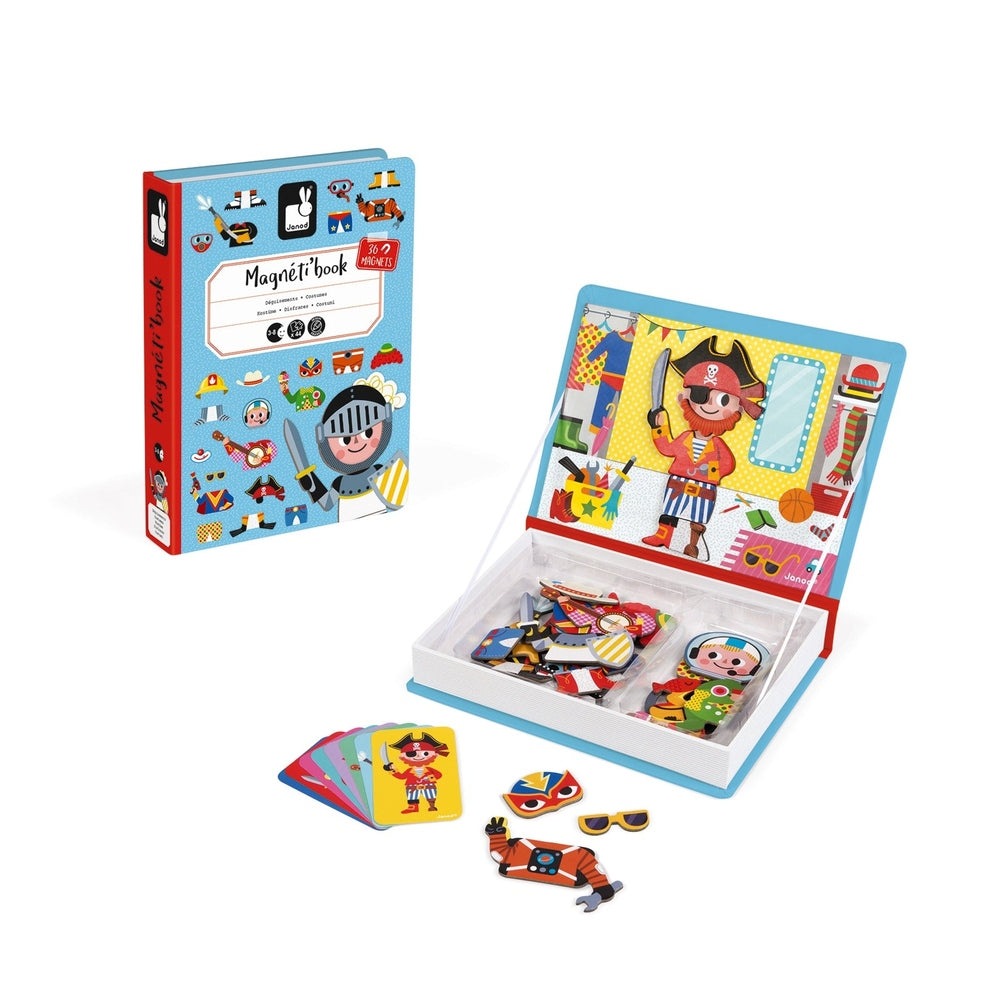 Janod Magnetibook Boy Costumes magnetic dress-up toy, blue case open with colorful costume cards and figures in view.