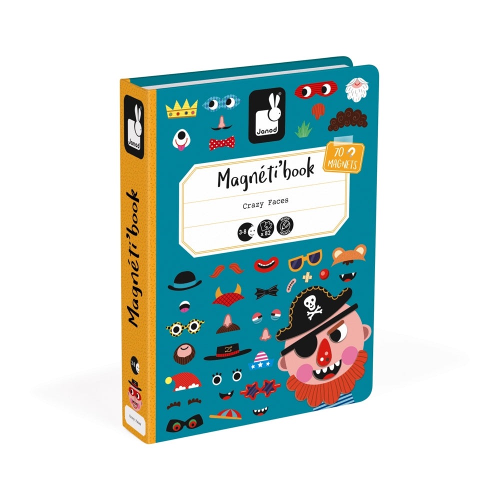 Janod Magnetibook Boy's Crazy Faces magnetic book; teal cover displays 70 magnets around playful pirate faces.