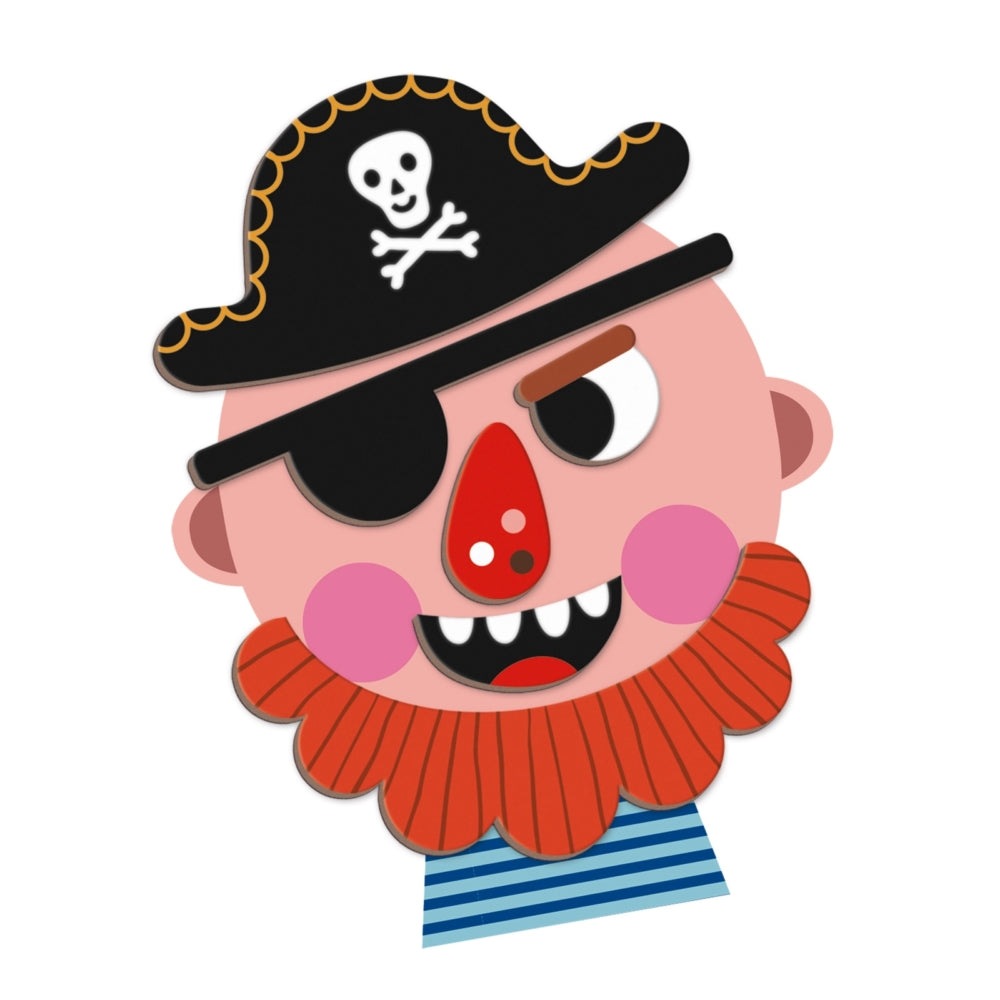 JANOD Magnetibook Boy's Crazy Faces pirate figure with skull hat, eye patch, red nose, blue striped collar