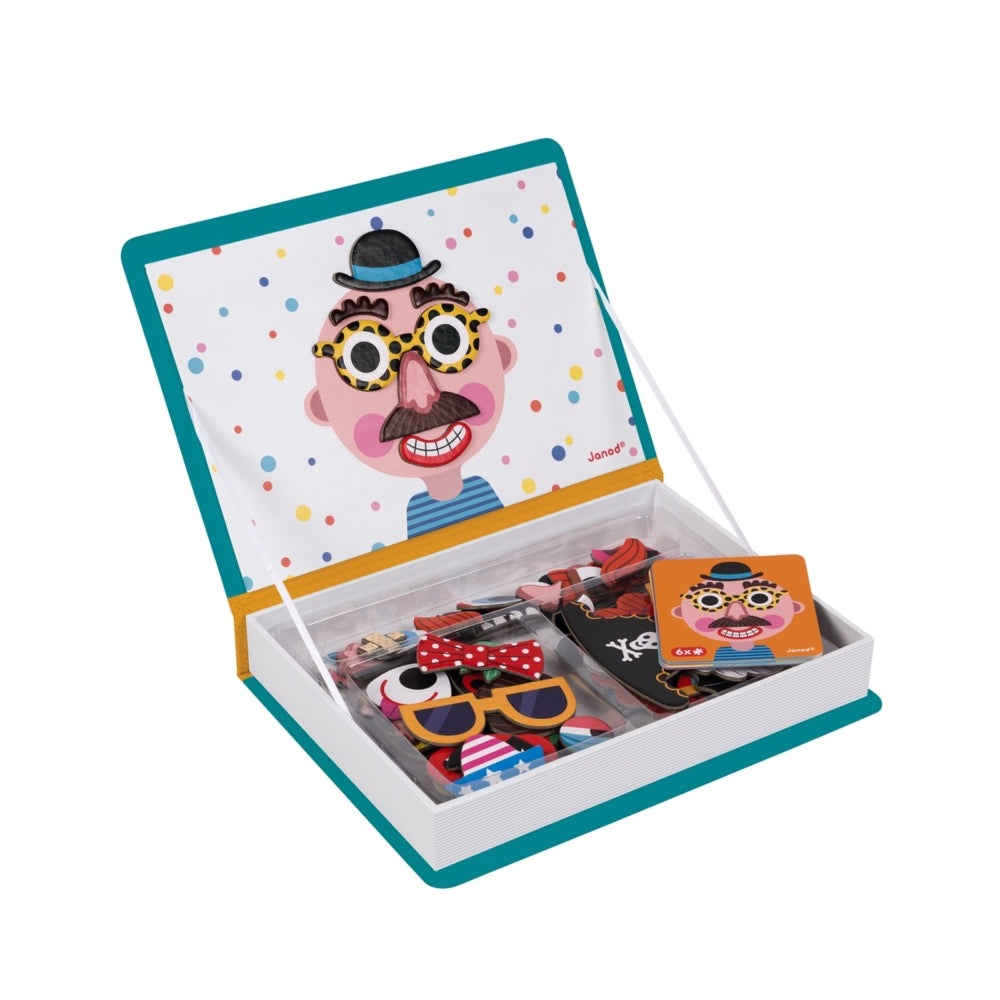 Janod Magnetibook Boy's Crazy Faces in an open teal box with colorful magnet pieces and face cards.