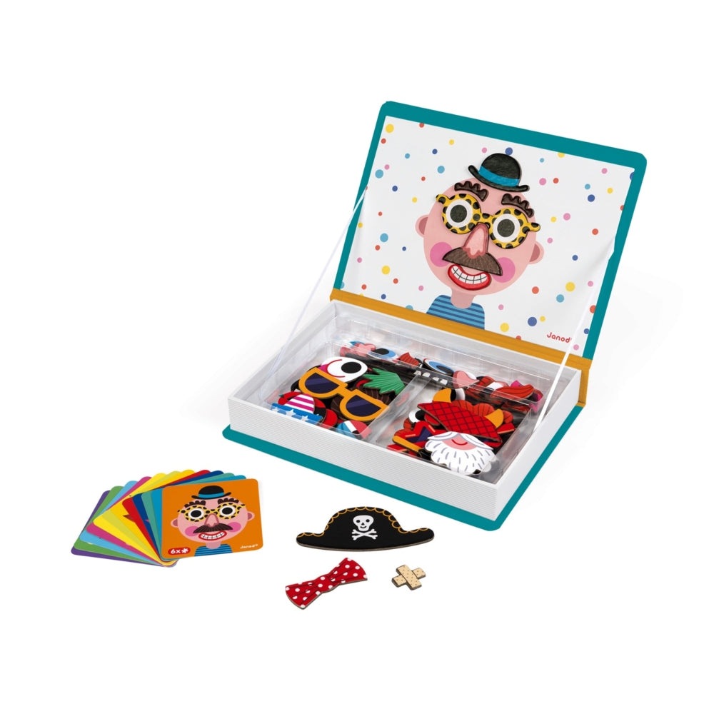 Janod Magnetibook Boy's Crazy Faces magnetic toy set with colorful magnets displayed in the open box and illustrated lid