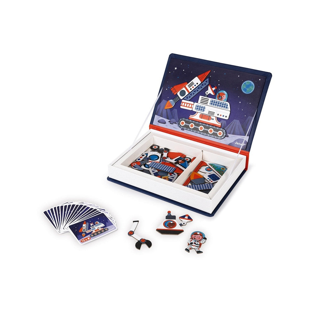 Janod Magnetibook Cosmos space-themed magnetic toy set in blue box with cards and astronaut magnets