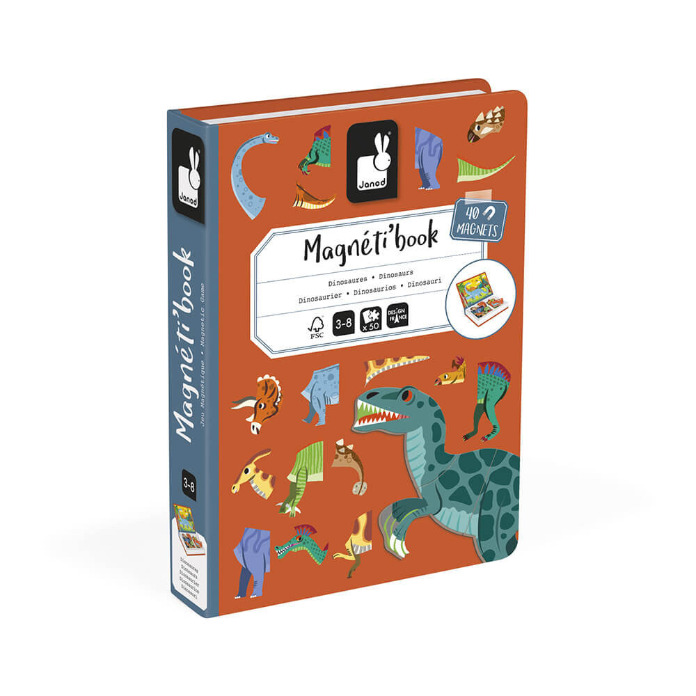 Janod Magnetibook Dinosaurs; orange cover with 40 dinosaur magnets for educational play ages 3-8