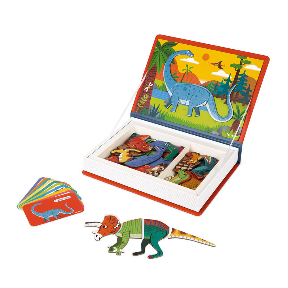 Janod Magnetibook Dinosaurs magnetic puzzle set in a wooden box with colorful dinosaur pieces and cards