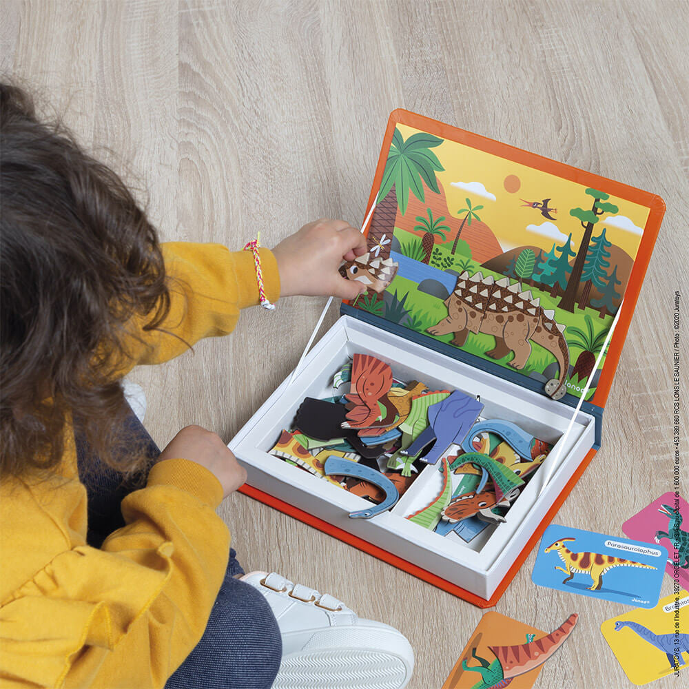 JANOD Magnetibook Dinosaurs tin with colorful magnetic dinosaur pieces for kids