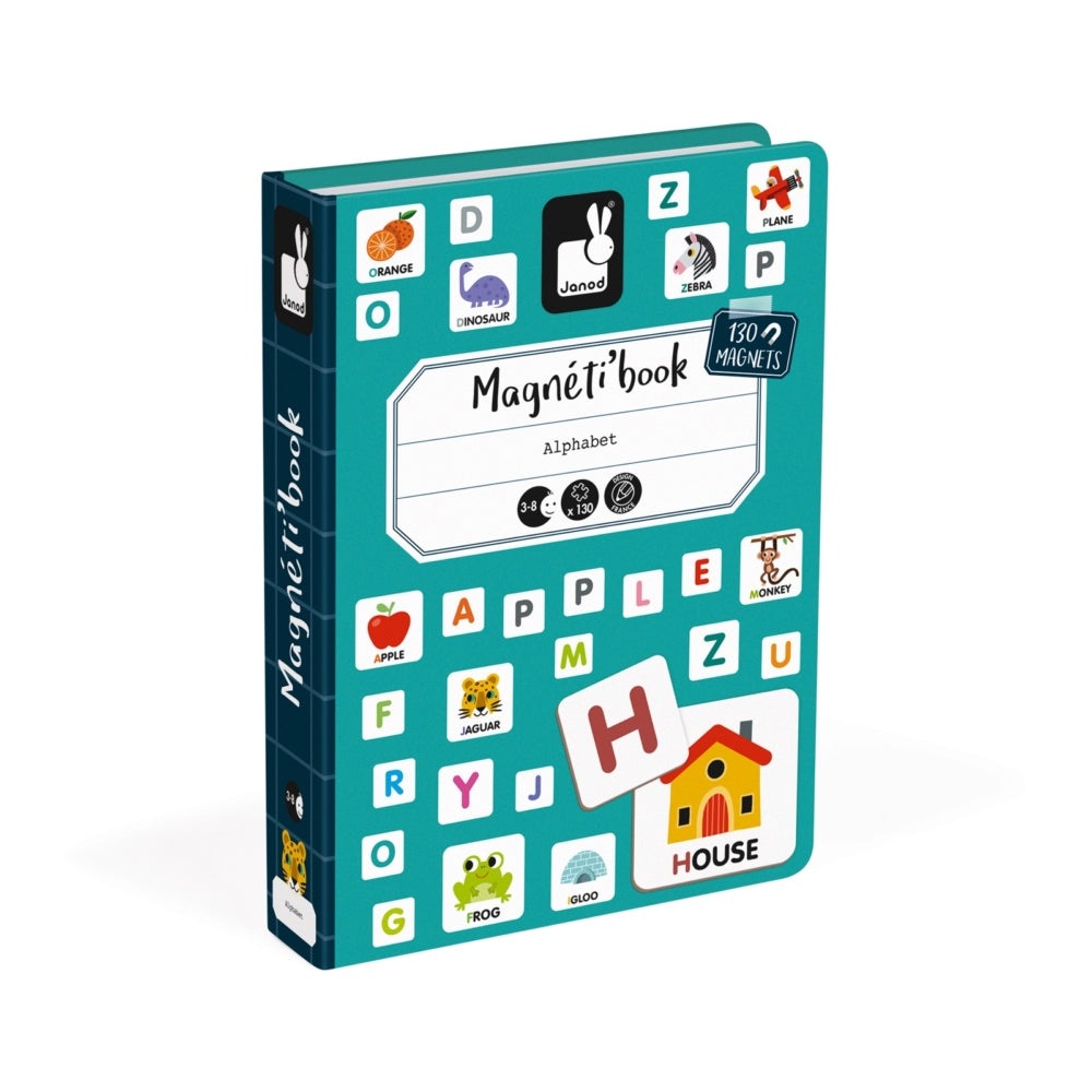 JANOD Magnetibook English Alphabet-teal box with 130 colorful magnets, child placing letters on a magnetic board