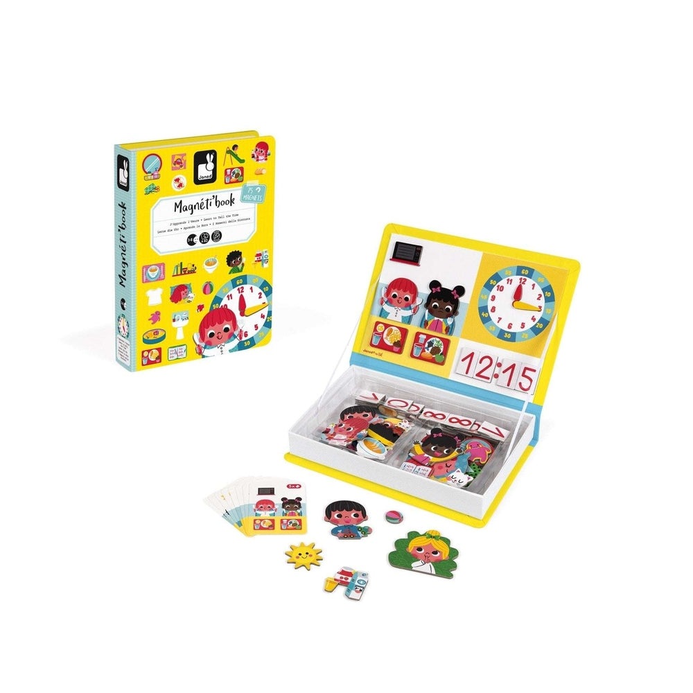 Janod Magnetibook Learn to Tell the Time educational toy with a bright yellow clock and magnet activity cards