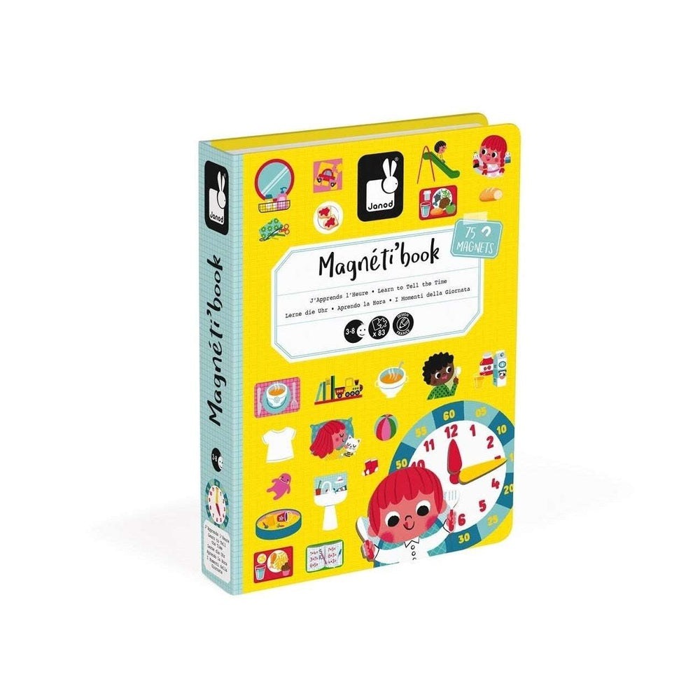 Janod Magnetibook Learn To Tell The Time educational toy with 75 magnets on a bright yellow cover