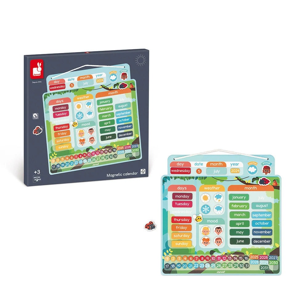 Janod Magnetic Calendar for toddlers with colorful day/date/month cards on a magnetic board.
