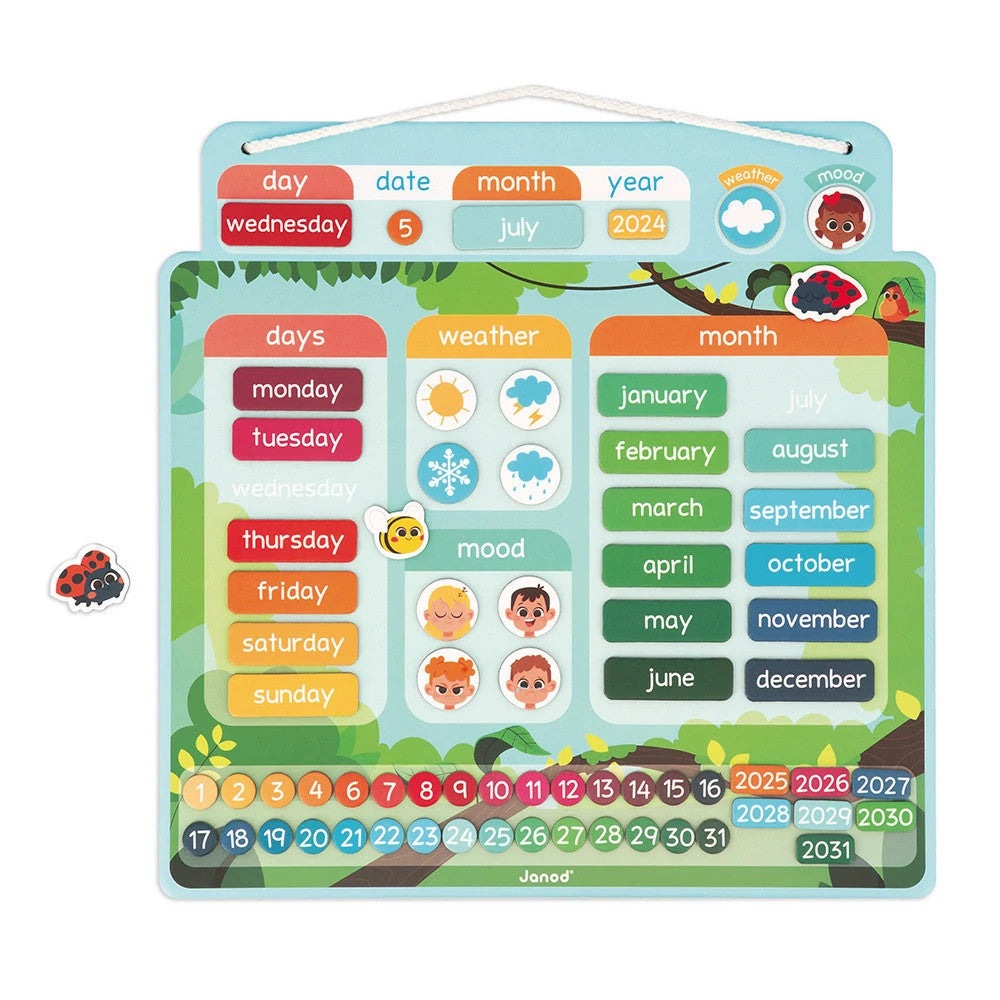 Janod Magnetic Calendar board with colorful wooden day, weather, mood, and month pieces shown arranged on a jungle-themed board.