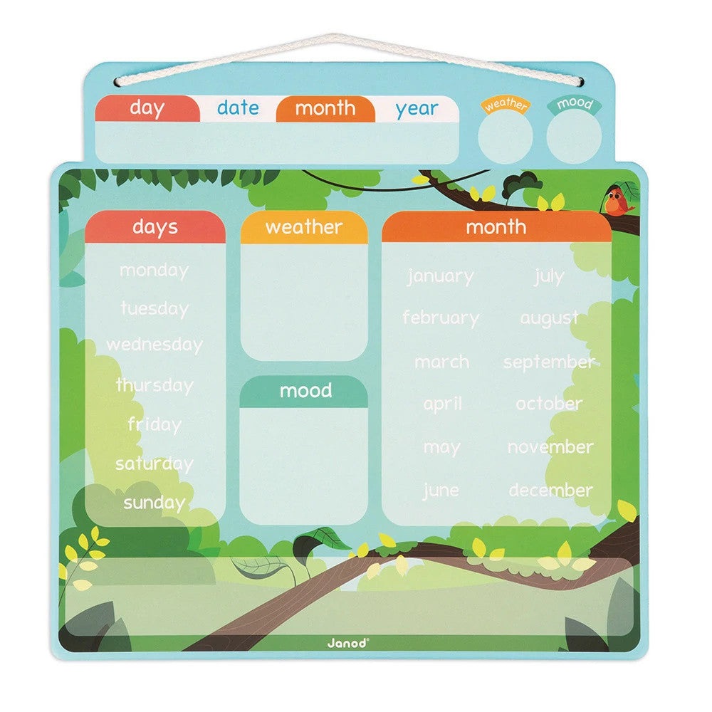 Janod Magnetic Calendar in a woodland scene with movable days, months, weather and mood magnets.