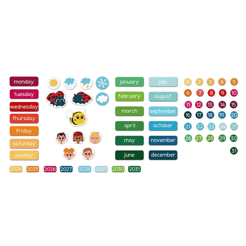 Janod Magnetic Calendar for toddlers; colorful day tabs, months, weather icons, and numbered days on magnets