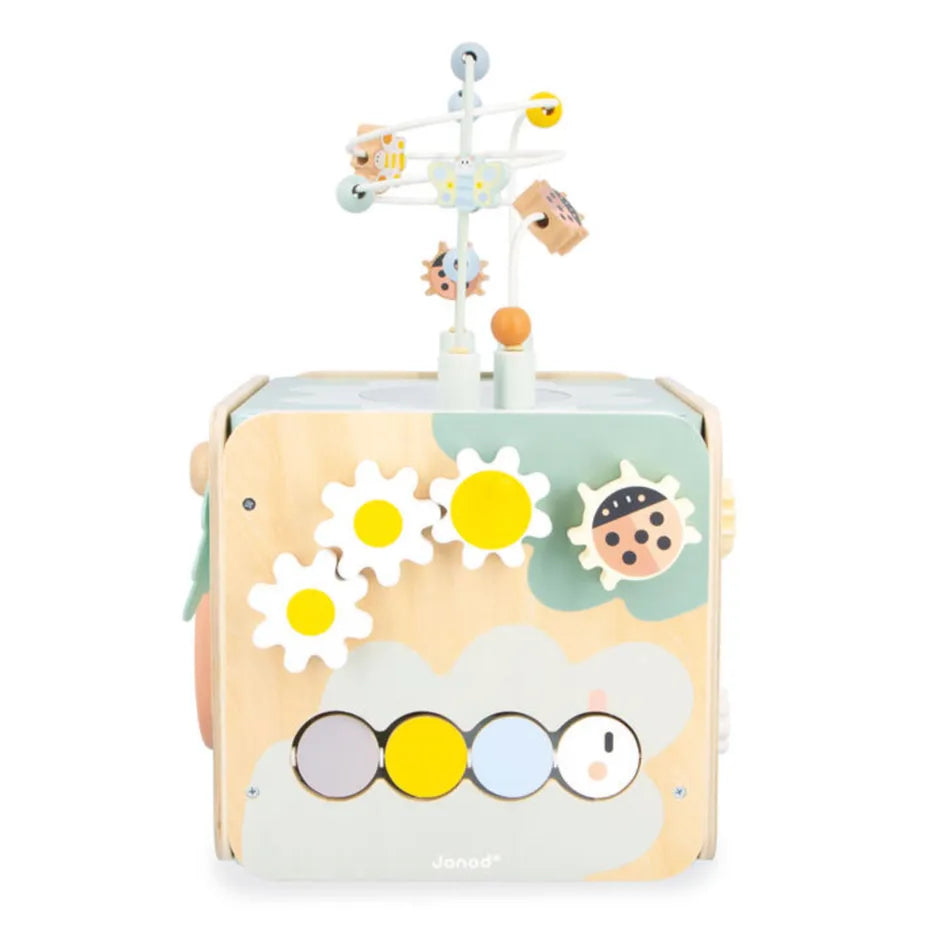 Janod Maxi Cube Multi-Activities wooden activity cube with colorful gears, flowers and bead maze